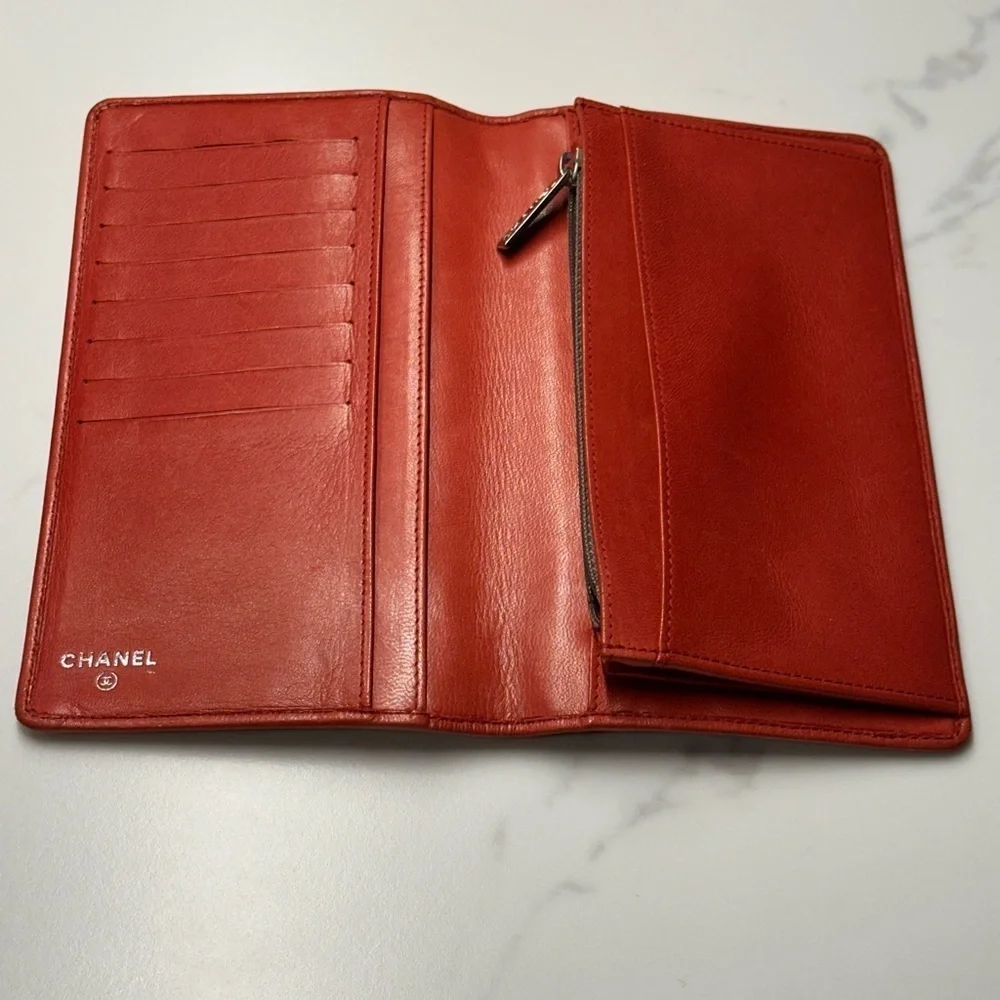 🔥🔥🔥Chanel Vintage Orange Red Leather Wallet + Box + COA